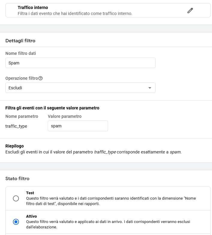 filtro traffico spam google analytics 4 ga4