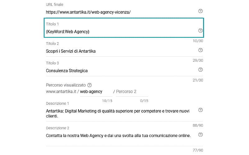 Esempio creazione annuncio adwords con keyword insertion