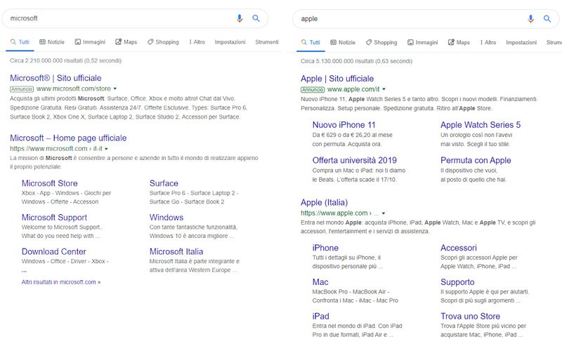 Screenshot dei risultati SERP per Microsoft e Apple