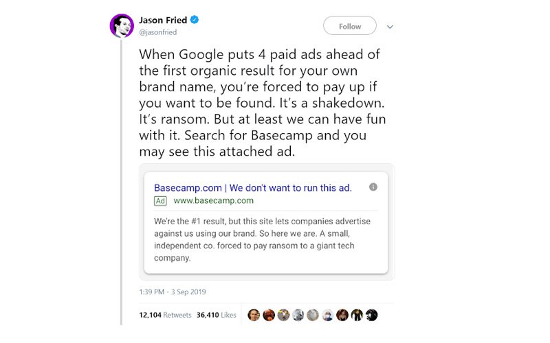 Tweet di Jason Fried sulla Brand Protection Tweet di Jason Fried sulla Brand Protection