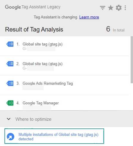 google tag assistant multiple installations global site tag