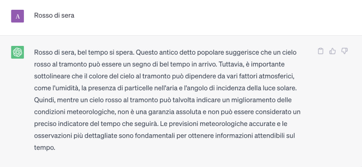 Screenshot del prompt "Rosso di sera" dato a ChatGpt e sua risposta. 